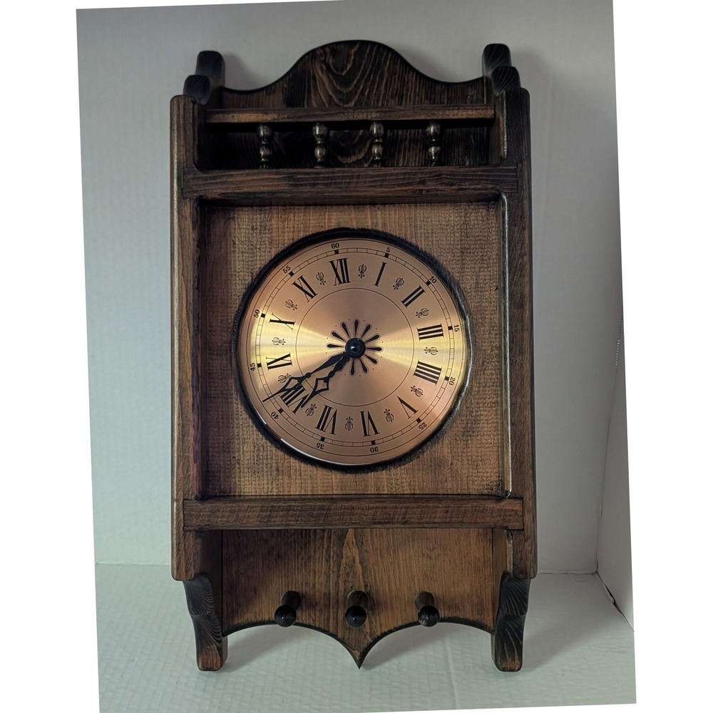 Rustic Wooden Wall Clock Key Holder Shelf 4 Hooks Farmhouse Country Decor